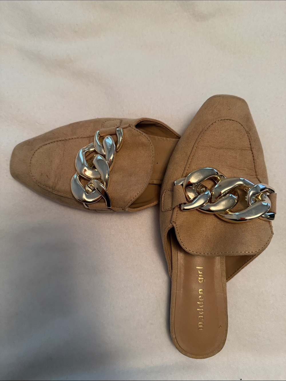 Madden Girl Tan Suede Mule Loafers with Gold Chain